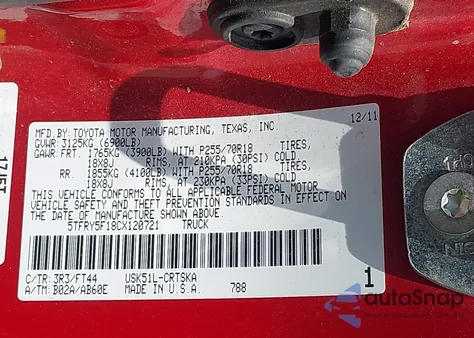 2012 Toyota Tundra Grade 5.7L V8 z USA, uszkodzony, nr VIN 5TFRY5F18CX120721